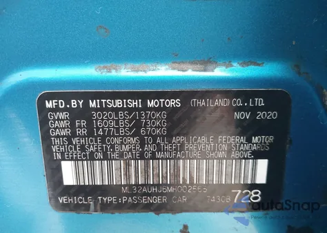 2021 Mitsubishi Mirage Carbonite Edition/Es/Le from USA, damaged, VIN ML32AUHJ6MH002565